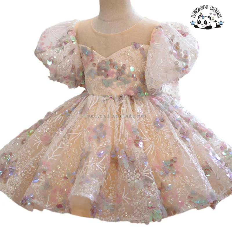 LEZONKIDS - Vestido de Aniversário de Criança Champanhe com Lantejoulas Disponível para Atacado, Vestido de Princesa para Meninas Doces